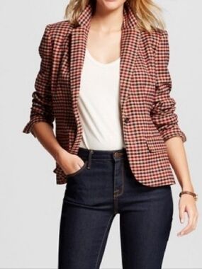 J. Crew Schoolboy Wool Blend Houndstooth Crest Buttons Blazer In Tan & Red Sz 6